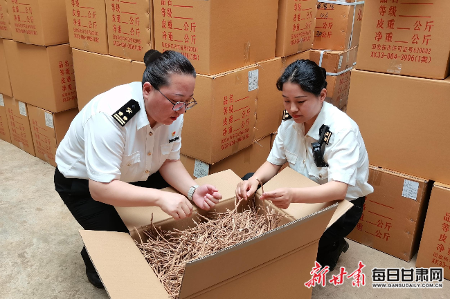 蘭州海關所屬天水海關關員對出口中藥材開展現場查驗。.jpg